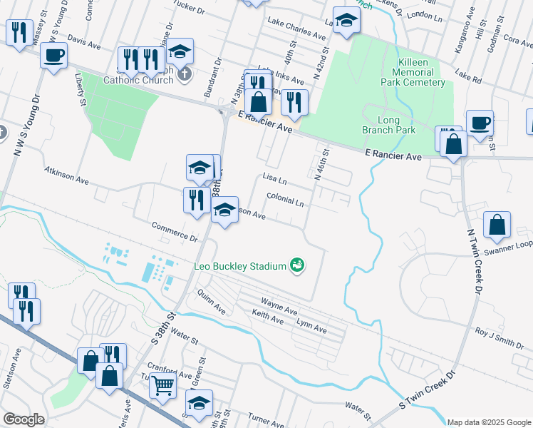 map of restaurants, bars, coffee shops, grocery stores, and more near 502 Colonial Lane in Killeen