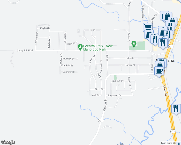map of restaurants, bars, coffee shops, grocery stores, and more near 307 Hickory Street in New Llano