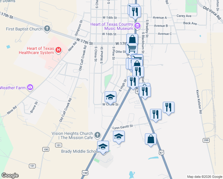 map of restaurants, bars, coffee shops, grocery stores, and more near 2104 Stanton Street in Brady