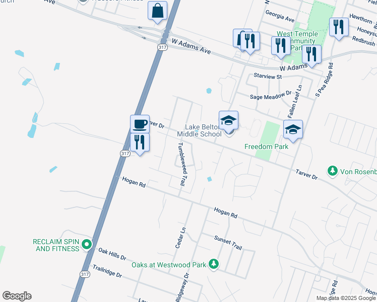 map of restaurants, bars, coffee shops, grocery stores, and more near 1041 Lonesome Oak Drive in Temple