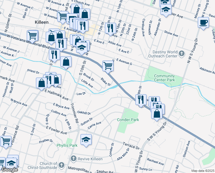 map of restaurants, bars, coffee shops, grocery stores, and more near 700 Blake Street in Killeen