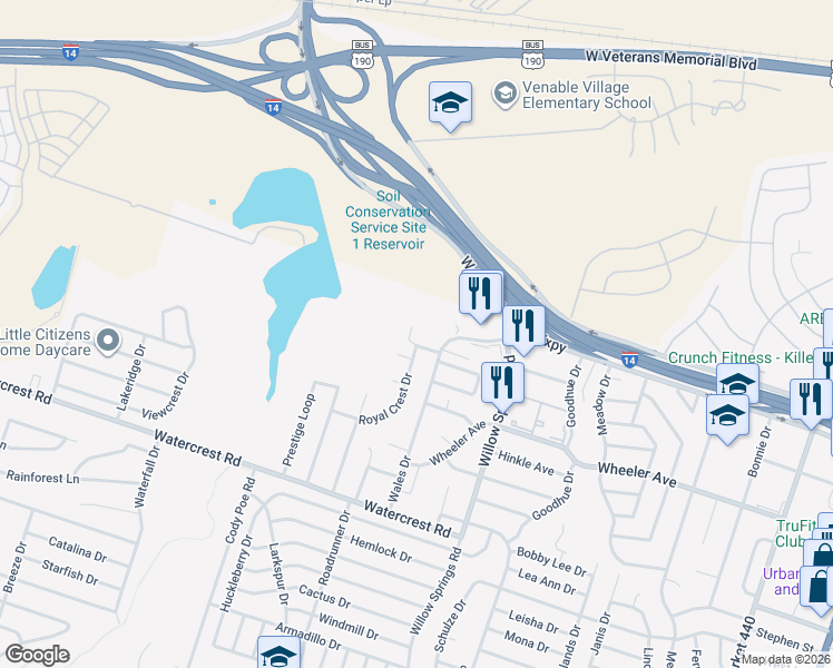 map of restaurants, bars, coffee shops, grocery stores, and more near 1018 Royal Vista Drive in Killeen