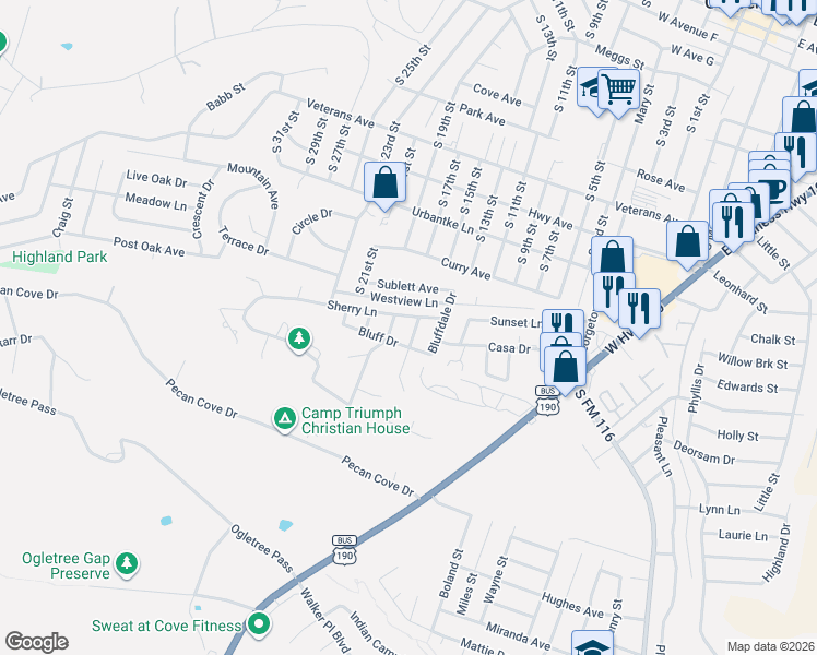 map of restaurants, bars, coffee shops, grocery stores, and more near 1404 Cross Street in Copperas Cove
