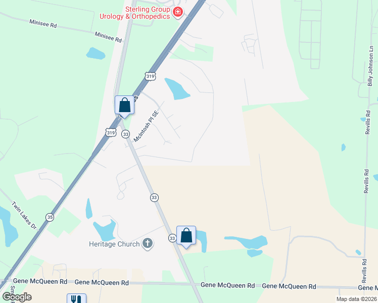 map of restaurants, bars, coffee shops, grocery stores, and more near 60 Baell Trace Court Southeast in Moultrie