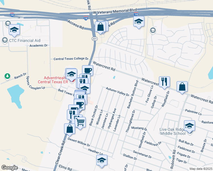 map of restaurants, bars, coffee shops, grocery stores, and more near 4905 Autumn Valley Drive in Killeen