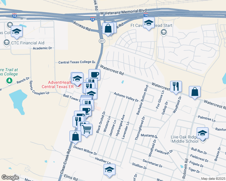 map of restaurants, bars, coffee shops, grocery stores, and more near 4905 Autumn Valley Drive in Killeen