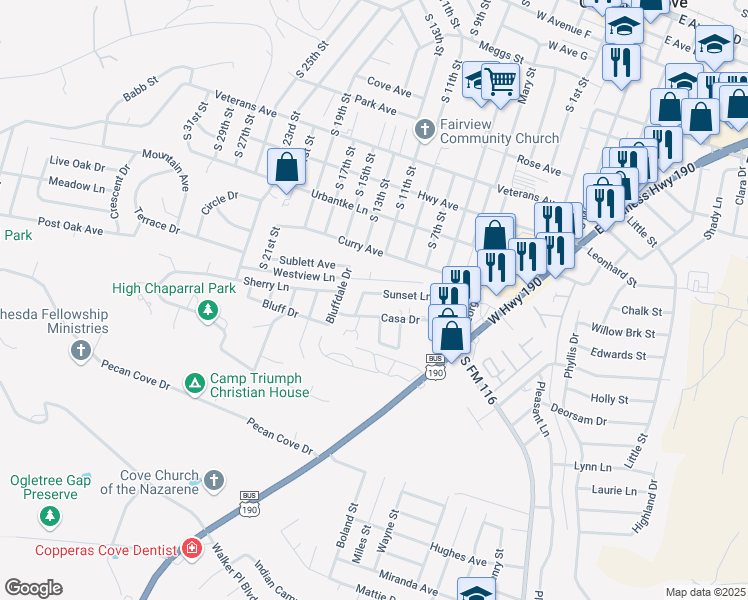 map of restaurants, bars, coffee shops, grocery stores, and more near 603 Sunset Lane in Copperas Cove