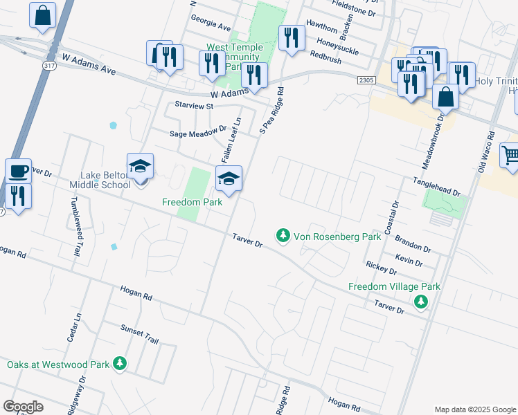 map of restaurants, bars, coffee shops, grocery stores, and more near 605 North Pea Ridge Road in Temple