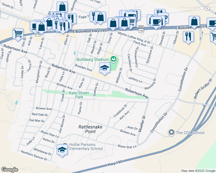 map of restaurants, bars, coffee shops, grocery stores, and more near 504 Austin Street in Copperas Cove