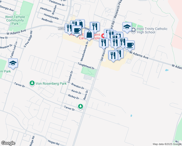 map of restaurants, bars, coffee shops, grocery stores, and more near 408 Old Waco Road in Temple