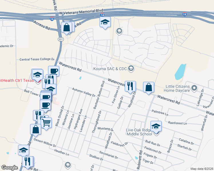 map of restaurants, bars, coffee shops, grocery stores, and more near 4602 Skyflower Lane in Killeen