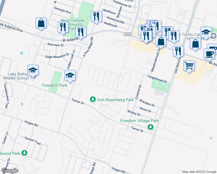 map of restaurants, bars, coffee shops, grocery stores, and more near 604 Copper Ridge Loop in Temple