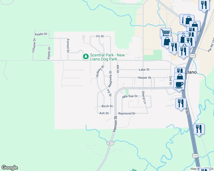 map of restaurants, bars, coffee shops, grocery stores, and more near 300 Ivy Street in New Llano