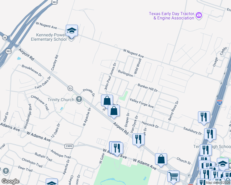 map of restaurants, bars, coffee shops, grocery stores, and more near 802 Westpoint Street in Temple