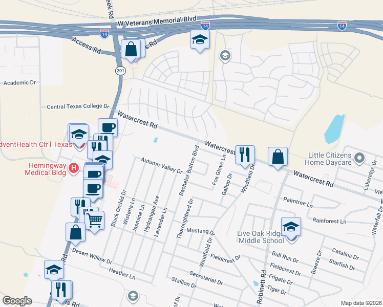 map of restaurants, bars, coffee shops, grocery stores, and more near 2209 Bachelor Button Boulevard in Killeen