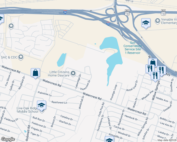 map of restaurants, bars, coffee shops, grocery stores, and more near 3204 Viewcrest Drive in Killeen