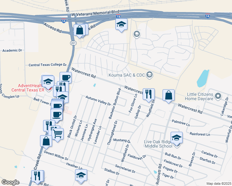 map of restaurants, bars, coffee shops, grocery stores, and more near 2209 Bachelor Button Boulevard in Killeen