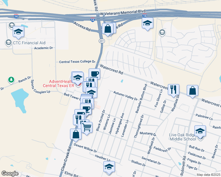 map of restaurants, bars, coffee shops, grocery stores, and more near 2401 Black Orchid Drive in Killeen