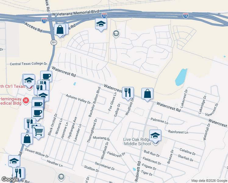 map of restaurants, bars, coffee shops, grocery stores, and more near 3605 Fox Glove Lane in Killeen
