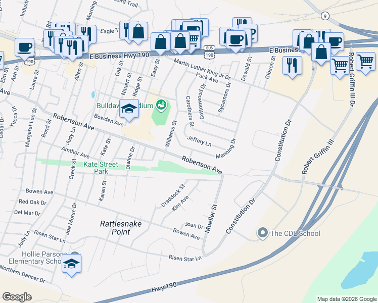 map of restaurants, bars, coffee shops, grocery stores, and more near 614 Manning Drive in Copperas Cove