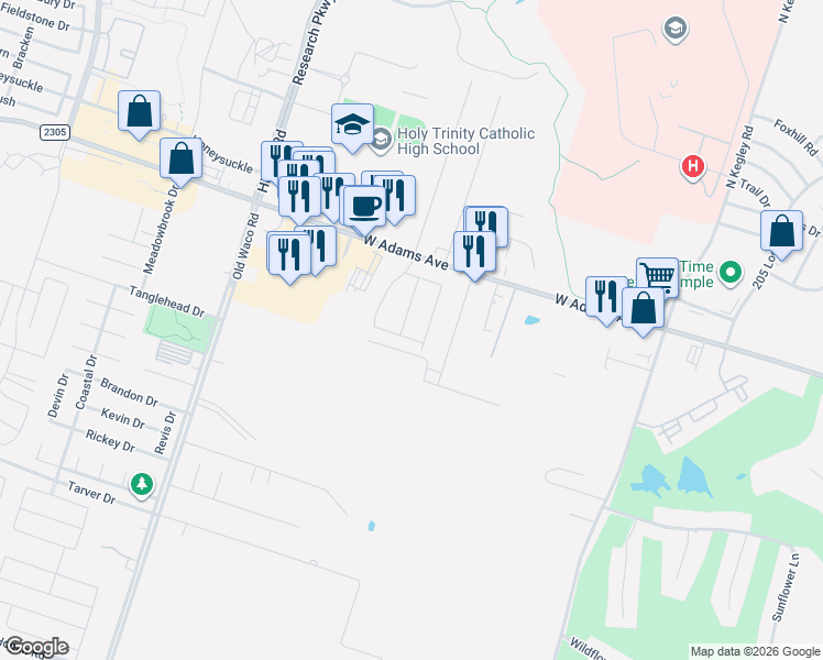 map of restaurants, bars, coffee shops, grocery stores, and more near 210 Burnham Drive in Temple