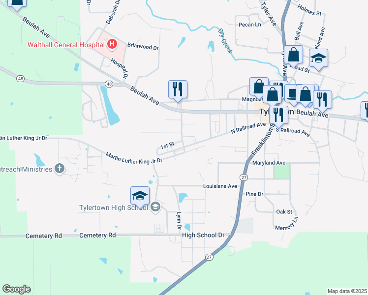 map of restaurants, bars, coffee shops, grocery stores, and more near 1501 North Railroad Avenue in Tylertown