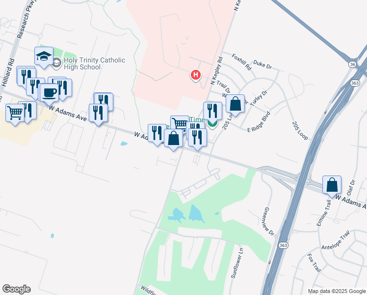 map of restaurants, bars, coffee shops, grocery stores, and more near West Adams Avenue & Kegley Road in Temple