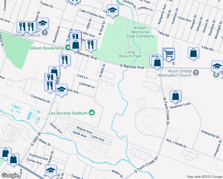 map of restaurants, bars, coffee shops, grocery stores, and more near 3410 Victoria Circle in Killeen
