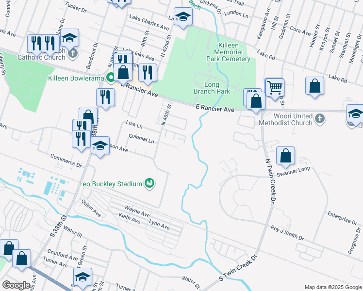 map of restaurants, bars, coffee shops, grocery stores, and more near 3413 Victoria Circle in Killeen