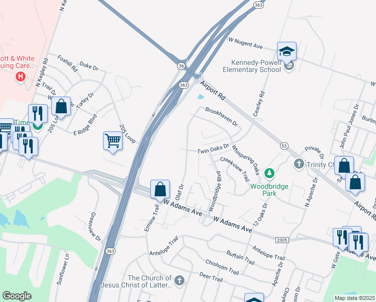 map of restaurants, bars, coffee shops, grocery stores, and more near 891 Twin Oaks Drive in Temple