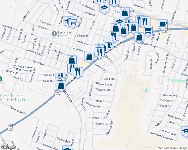 map of restaurants, bars, coffee shops, grocery stores, and more near 935 Brookview Drive in Copperas Cove
