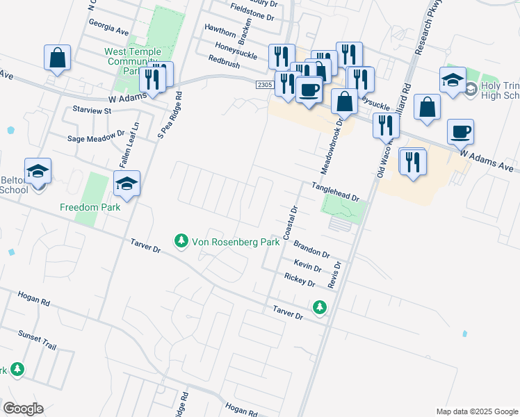 map of restaurants, bars, coffee shops, grocery stores, and more near 8122 Iron Gate Drive in Temple