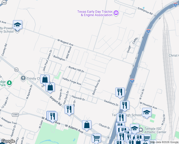 map of restaurants, bars, coffee shops, grocery stores, and more near 2409 Bunker Hill Drive in Temple