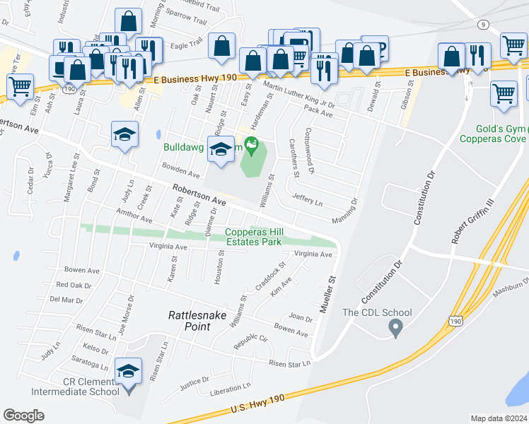 map of restaurants, bars, coffee shops, grocery stores, and more near 1601 Robertson Avenue in Copperas Cove