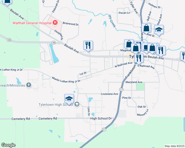 map of restaurants, bars, coffee shops, grocery stores, and more near 1501-1509 North Railroad Avenue in Tylertown