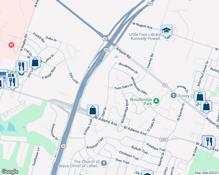 map of restaurants, bars, coffee shops, grocery stores, and more near 891 Twin Oaks Drive in Temple