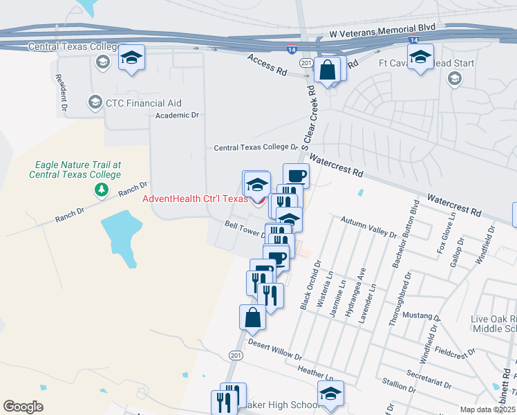 map of restaurants, bars, coffee shops, grocery stores, and more near 2201 South Clear Creek Road in Killeen