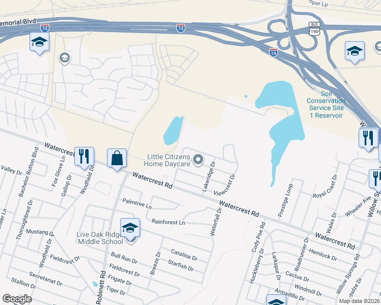 map of restaurants, bars, coffee shops, grocery stores, and more near 3611 Driftwood Drive in Killeen