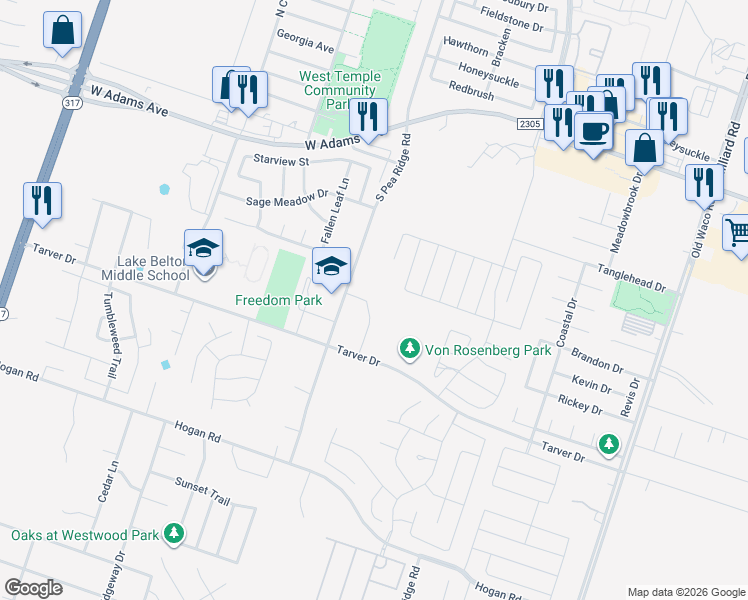 map of restaurants, bars, coffee shops, grocery stores, and more near 605 North Pea Ridge Road in Temple