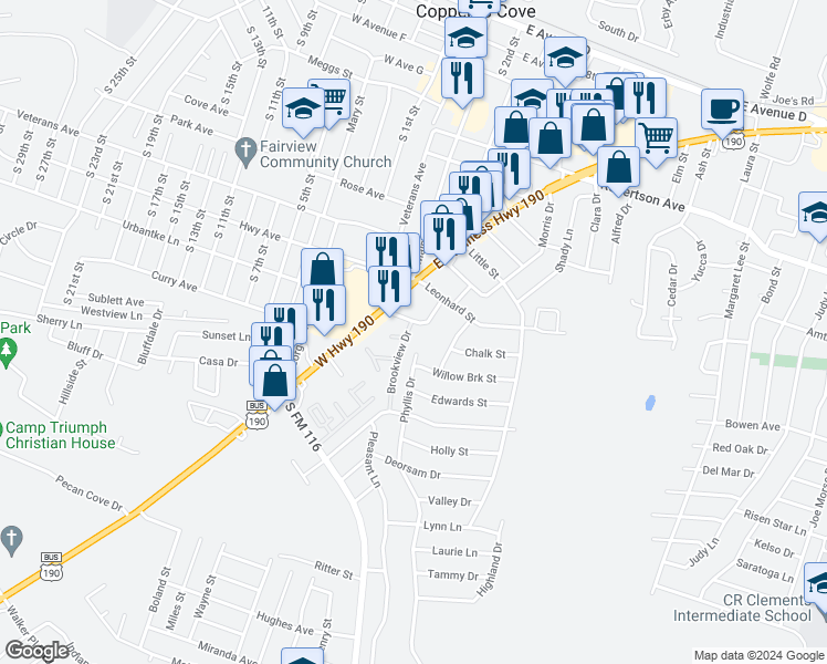 map of restaurants, bars, coffee shops, grocery stores, and more near 941 Brookview Drive in Copperas Cove