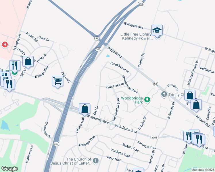 map of restaurants, bars, coffee shops, grocery stores, and more near 891 Twin Oaks Drive in Temple