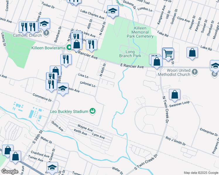 map of restaurants, bars, coffee shops, grocery stores, and more near 3410 Victoria Circle in Killeen