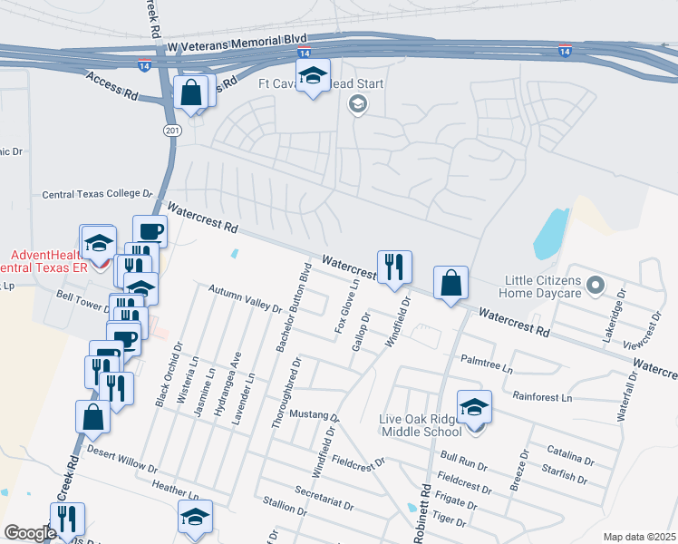 map of restaurants, bars, coffee shops, grocery stores, and more near 3605 Fox Glove Lane in Killeen