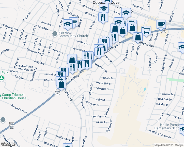 map of restaurants, bars, coffee shops, grocery stores, and more near 935 Brookview Drive in Copperas Cove