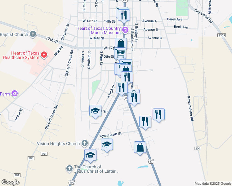 map of restaurants, bars, coffee shops, grocery stores, and more near 2106 South Bridge Street in Brady