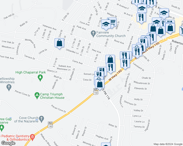 map of restaurants, bars, coffee shops, grocery stores, and more near 410 Sunset Lane in Copperas Cove
