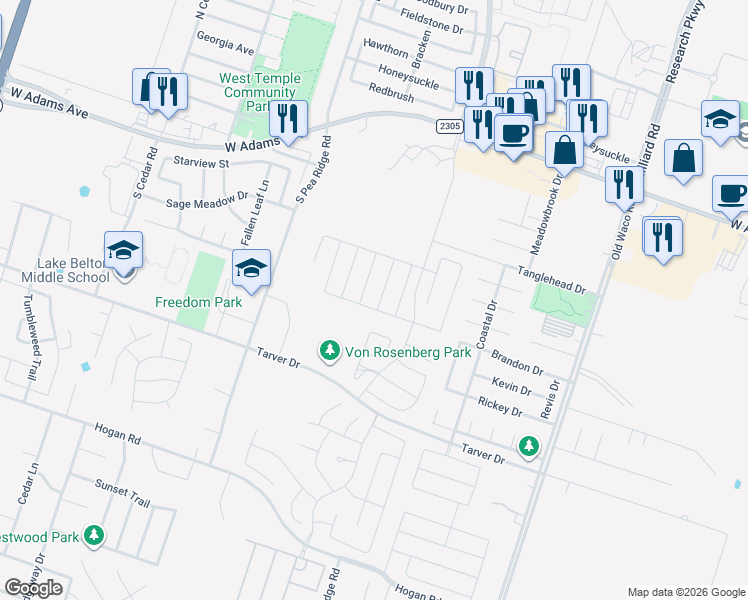 map of restaurants, bars, coffee shops, grocery stores, and more near 704 Copper Ridge Loop in Temple