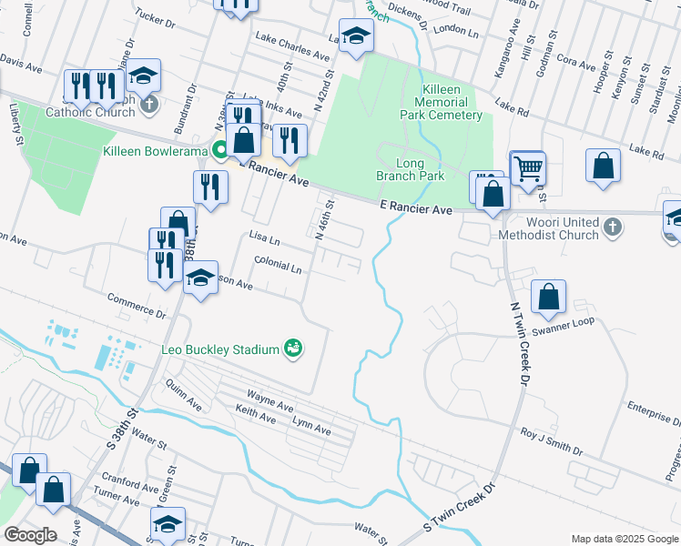 map of restaurants, bars, coffee shops, grocery stores, and more near 3410 Victoria Circle in Killeen