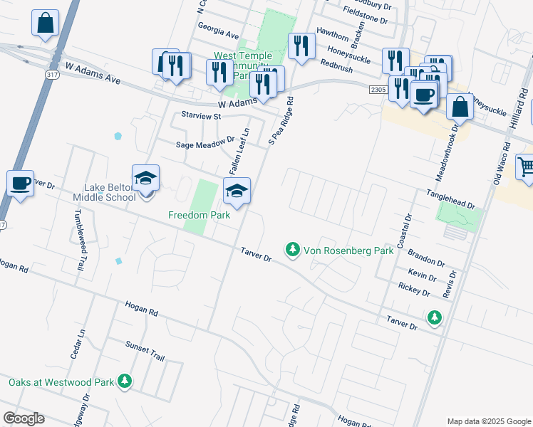map of restaurants, bars, coffee shops, grocery stores, and more near 605 North Pea Ridge Road in Temple
