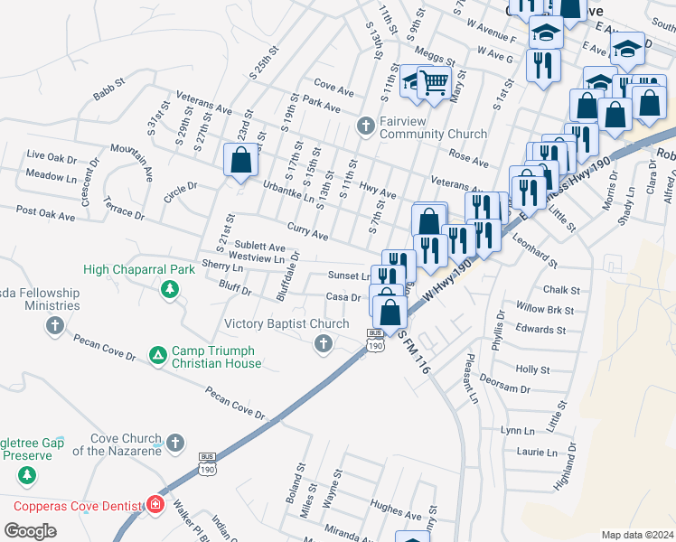 map of restaurants, bars, coffee shops, grocery stores, and more near 603 Sunset Lane in Copperas Cove